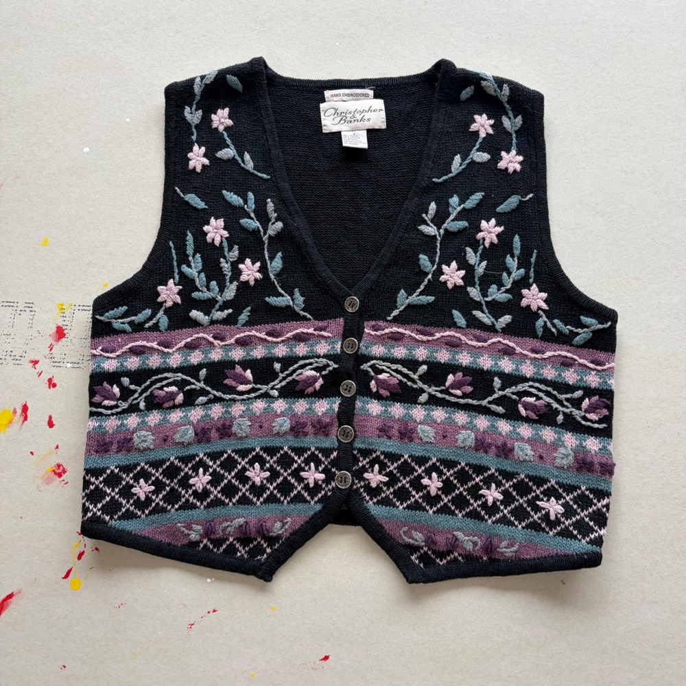 Vintage 90s Christopher Banks Hand Embroidered Floral Sweater Vest